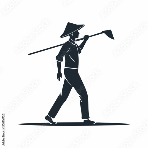 Farmer Carrying Hoe Silhouette — Flat 2D Minimalist Vector