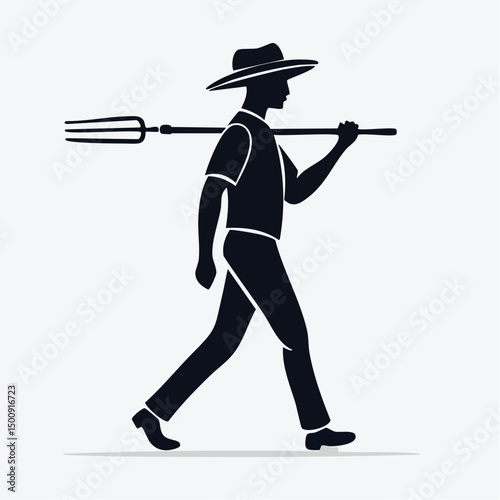 Farmer Carrying Hoe Silhouette — Flat 2D Minimalist Vector