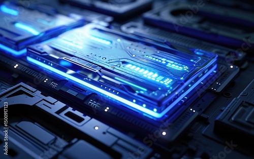 Close-up of a glowing blue futuristic technology energy core system on a complex circuit board.