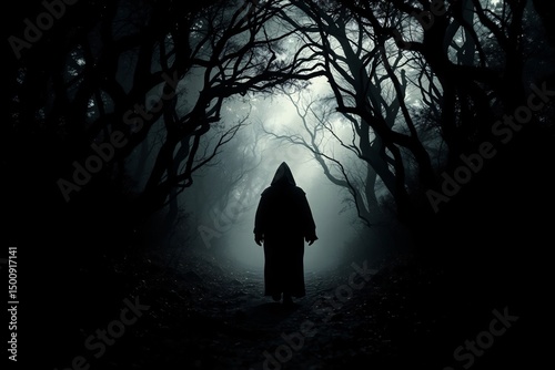 mysterious hooded figure in a dark foreboding forest path
