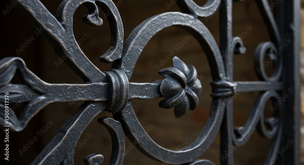 Obraz premium Photographic Detail Of Ornate Black Wrought Iron Gate With Floral Design Against Brick Wall