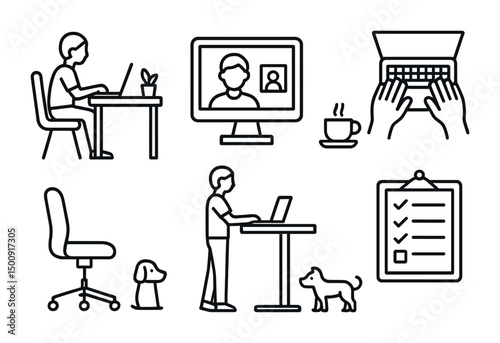 Remote work and home office setup with video call and checklist elements