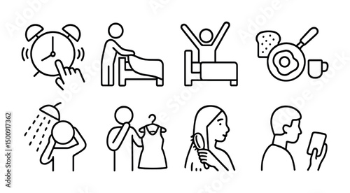 Morning routine activities: wake up, bed making, breakfast, shower, dressing, grooming