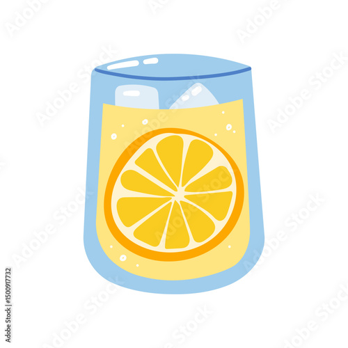 Glass of lemonade with a lemon half slice and a stripped straw. Summer drink. Refreshing beverage. Isolated vector flat hand drawn illustration.