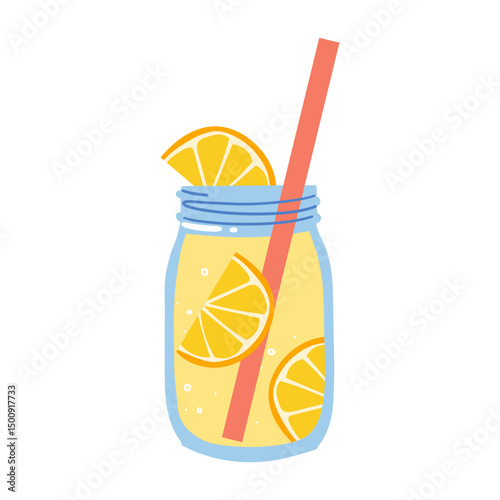 Glass of lemonade with a lemon half slice and a stripped straw. Summer drink. Refreshing beverage. Isolated vector flat hand drawn illustration.
