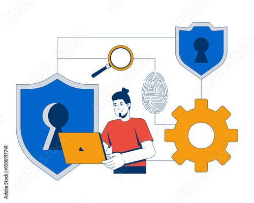 IT security workflow 2D illustration concept. Digital protection loop. Identity access. Cybersecurity provider analyst holding laptop cartoon character isolated on white. Flat abstract vector metaphor