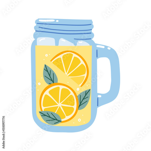 Glass of lemonade with a lemon half slice and a stripped straw. Summer drink. Refreshing beverage. Isolated vector flat hand drawn illustration.