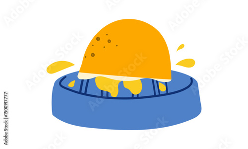 A vibrant, minimalist illustration of a manual citrus juicer, showcasing a halved citrus fruit during the juicing process.