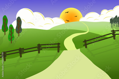 Vector illustration of a landscape with meadows on gentle hills. A meadow path leading into the distance. On the horizon, the sun is shining under a blue sky and among white clouds.