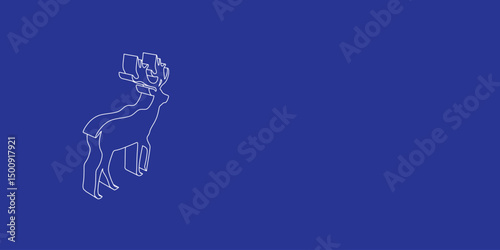 The outline of a large deer symbol made of white lines on the left. 3D view of the object in perspective. Vector illustration on indigo background