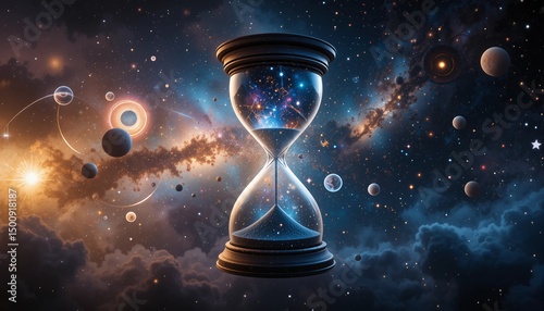 Hourglass in the Cosmos: An captivating image of time and space intertwine, with a celestial display of stars and galaxies.