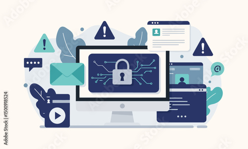 Flat illustration of a computer monitor with security symbols representing cyber security threats and data protection.