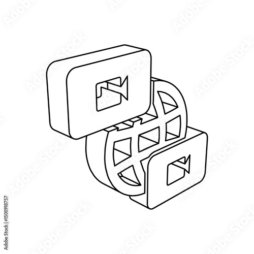 The outline of a large videoconference symbol is made with black lines. 3D view of the object in perspective. Vector illustration on white background