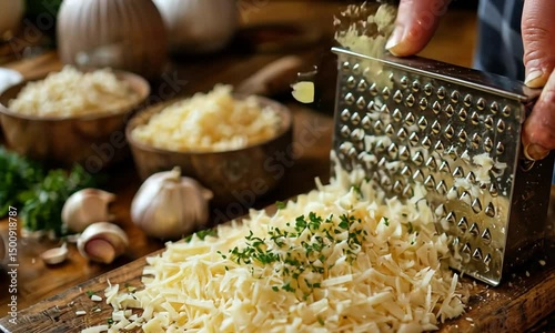 Grating cheese with fresh herbs on a rustic wooden table surrounded by garlic and bowls