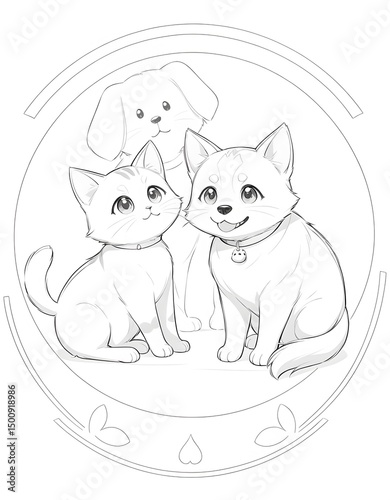 Cute kitten and dog cartoon vector illustration of funny pet animals
