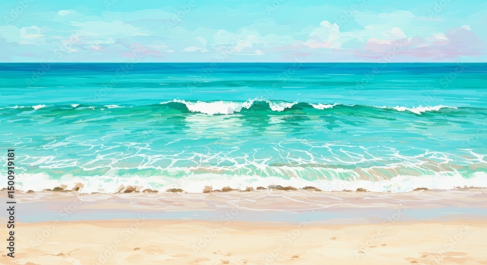 Obraz premium Pixelated Seascape Illustration of Turquoise Ocean and Sandy Beach