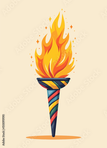 Illuminated Olympic Torch with Vibrant Flames and Sparkles