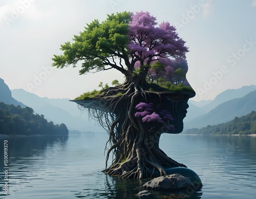 Nature and Humanity: Double Exposure of Woman's Silhouette with Forest