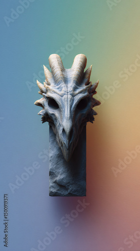 Intricate Dragon Head Sculpture with Textured Detail and Colors photo