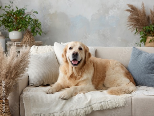 Golden Retriever lying on sofa surrounded by plants indoors