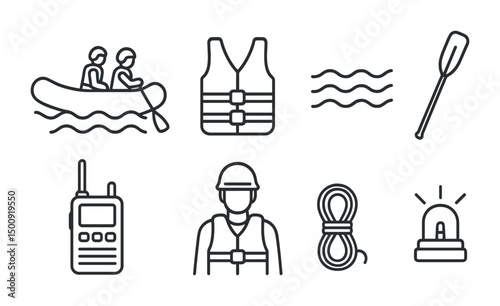 Rafting adventure essentials and safety gear icons for outdoor activities