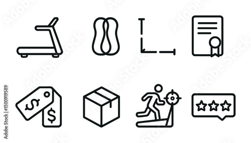Fitness and business icons including treadmill, certificate, and price tags