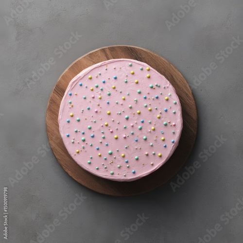 Pink frosted cake, aerial view, sits on wood board with colorful sprinkle decor against neutral gray backdrop