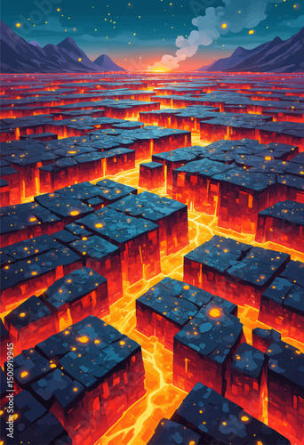 Lava Cracks at Sunset: Volcanic Landscape with Mountains