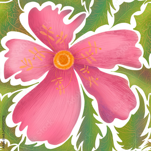 Illustration of a large decorative flower surrounded by leaves. Seamless pattern of a single flower with colored pencils