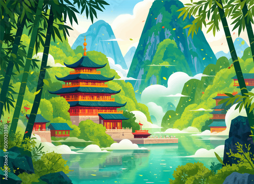 Lush Mountain Temple by Calm River in Verdant Forest