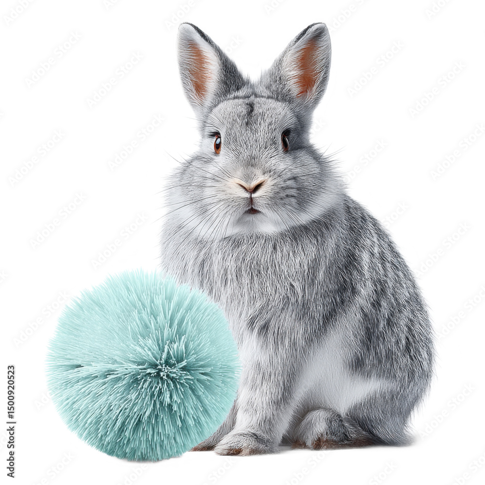 Obraz premium Grey Fluffy Rabbit Sitting Beside a Teal Sphere on Transparent Background