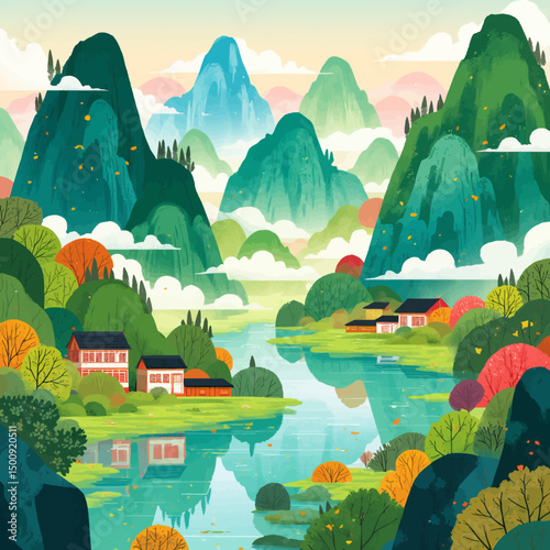Lush Mountain Village by Serene River
