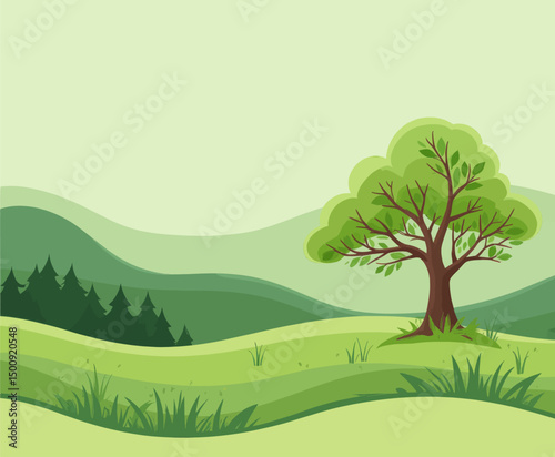 Lush Landscape with Solitary Tree and Rolling Hills