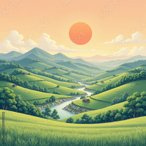Lush Valley Sunset with Serene River and Traditional Homes