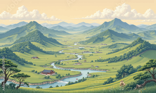 Lush Valley Landscape with Serene River and Traditional Homes