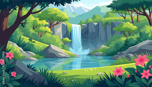 Lush Jungle Waterfall with Serene Pool and Blooming Flowers