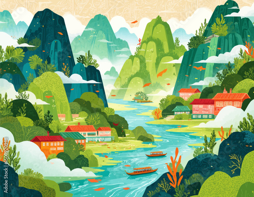 Lush Mountain Village by River at Sunset