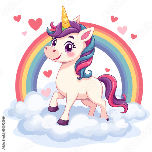 Magical Unicorn on Clouds with Rainbow and Hearts