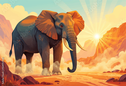 Majestic Elephant in Desert Sunset with Warm Glow
