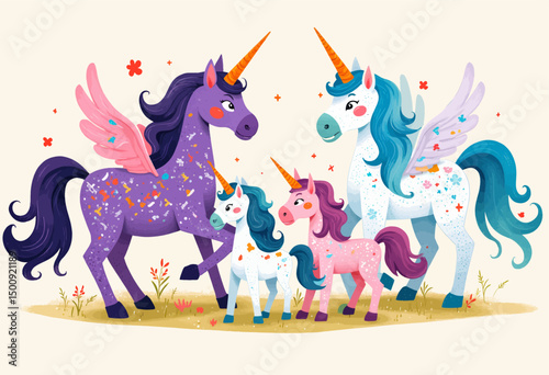 Magical Unicorns in Pastel Meadow with Babies