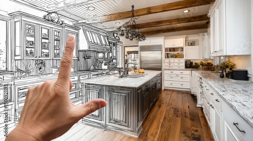 Pointing to a modern kitchen design blending realism with a hand-drawn sketch concept