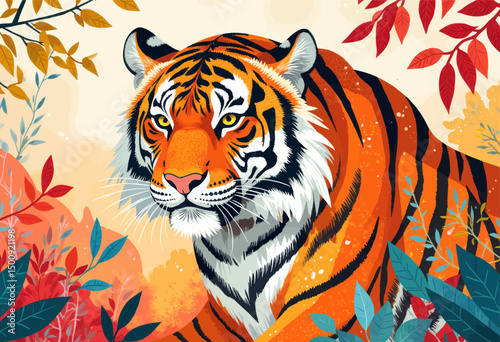 Majestic Tiger in Autumn Forest Amidst Colorful Leaves