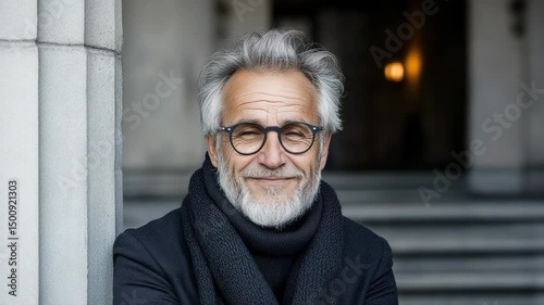 Elegant Portrait: An distinguished man with gray hair and a beard, wearing glasses and a scarf, standing gracefully by a pillar.