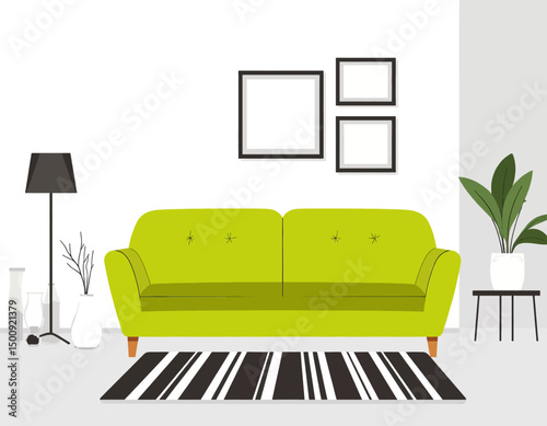Minimalist Living Room with Lime Sofa and Black & White Rug