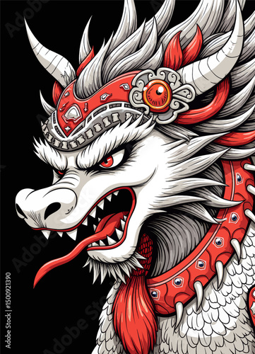 Mighty Dragon Head in Warrior Armor, Red and White, Fierce Expression
