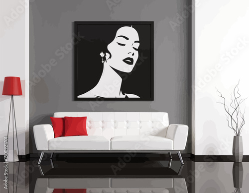 Modern Living Room with Black and White Art and Red Accents