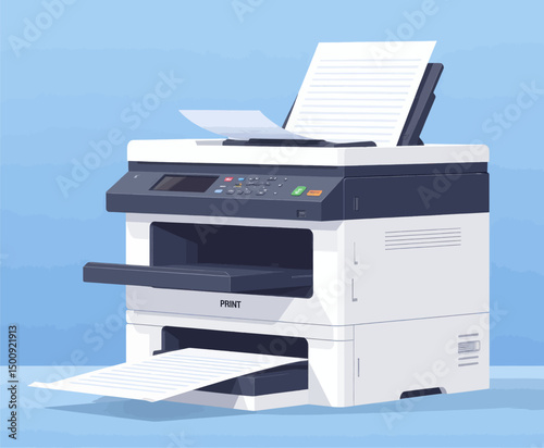 Modern Office Printer with Paper Output on Blue Background