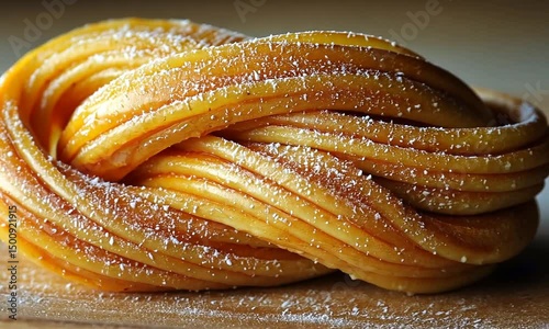Close-up of beautifully twisted golden pasta on a wooden surface, dusted with flour, inviting culinary creativity