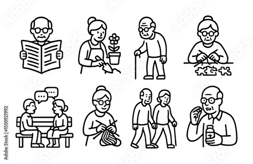 Senior lifestyle activities: gardening, puzzles, walking, socializing, knitting, and reading