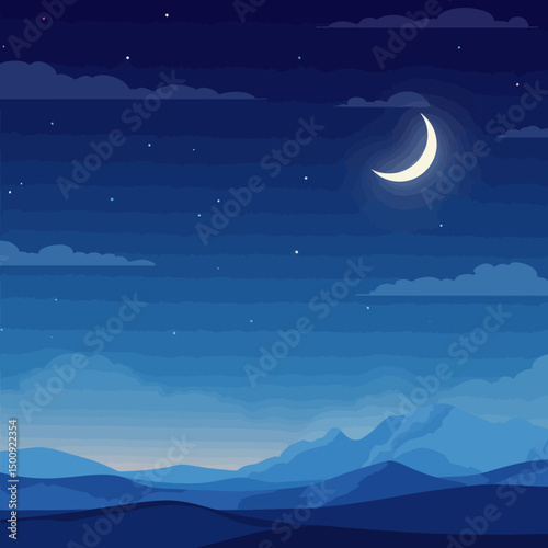 Night Sky Serenity: Crescent Moon Over Mountain Range